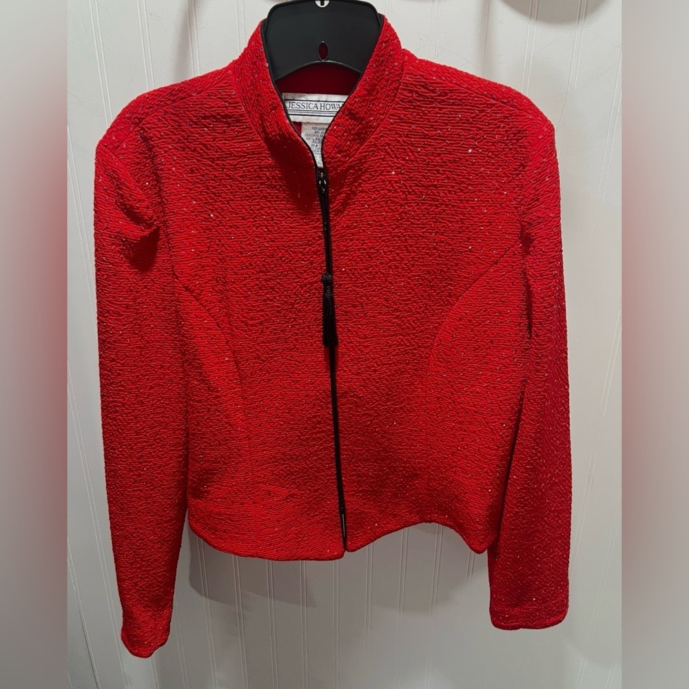 Jessica Howard Textured Red Sparkling Zip Front Blazer